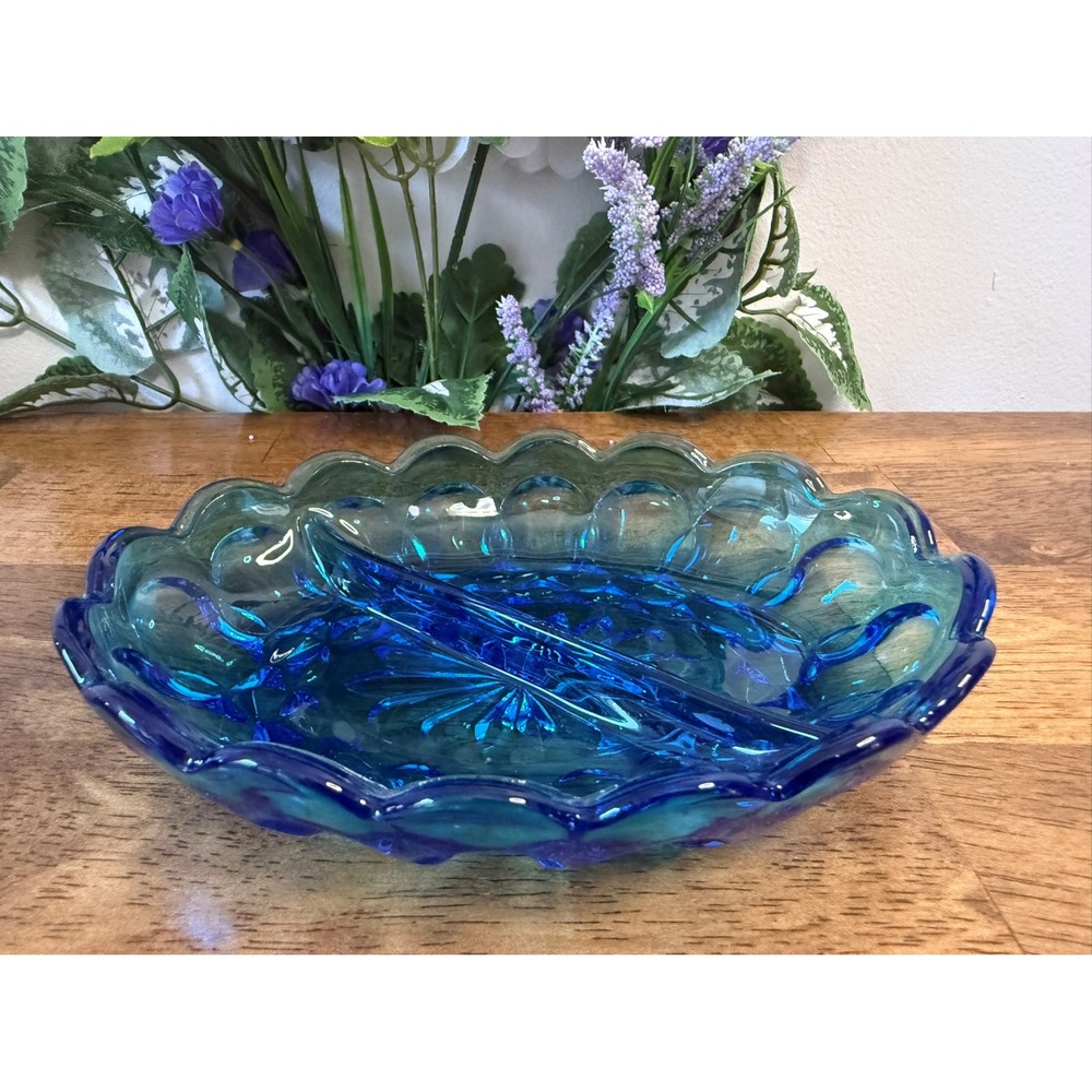 Vintage Anchor Hocking Fairfield Blue Divided Glass Dish Cobalt MCM Decor Relish